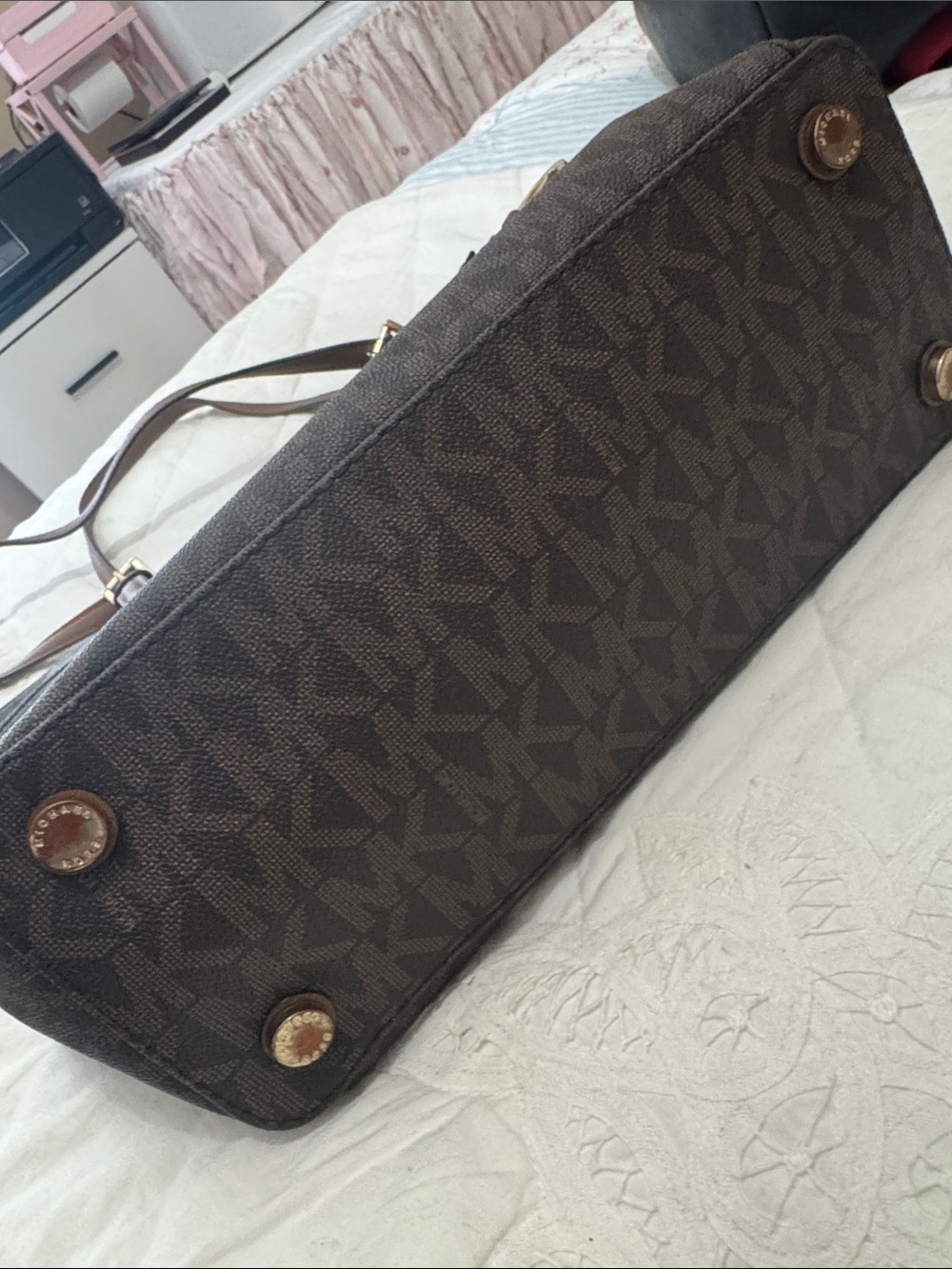 Michael Kors Dark Brown Logo Tote with Gold MK Charm - Picture 2 of 5